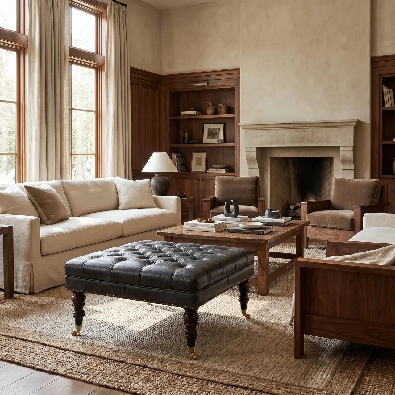 Black Leather Upholstered Ottoman