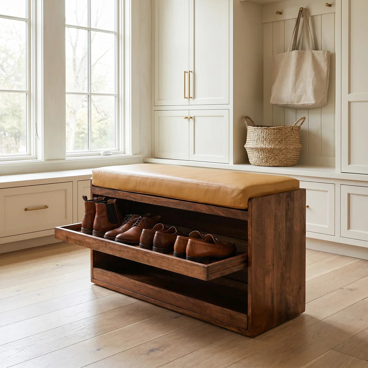Buffalo Hide Pull out Honey Caramel Shoe Storage Bench