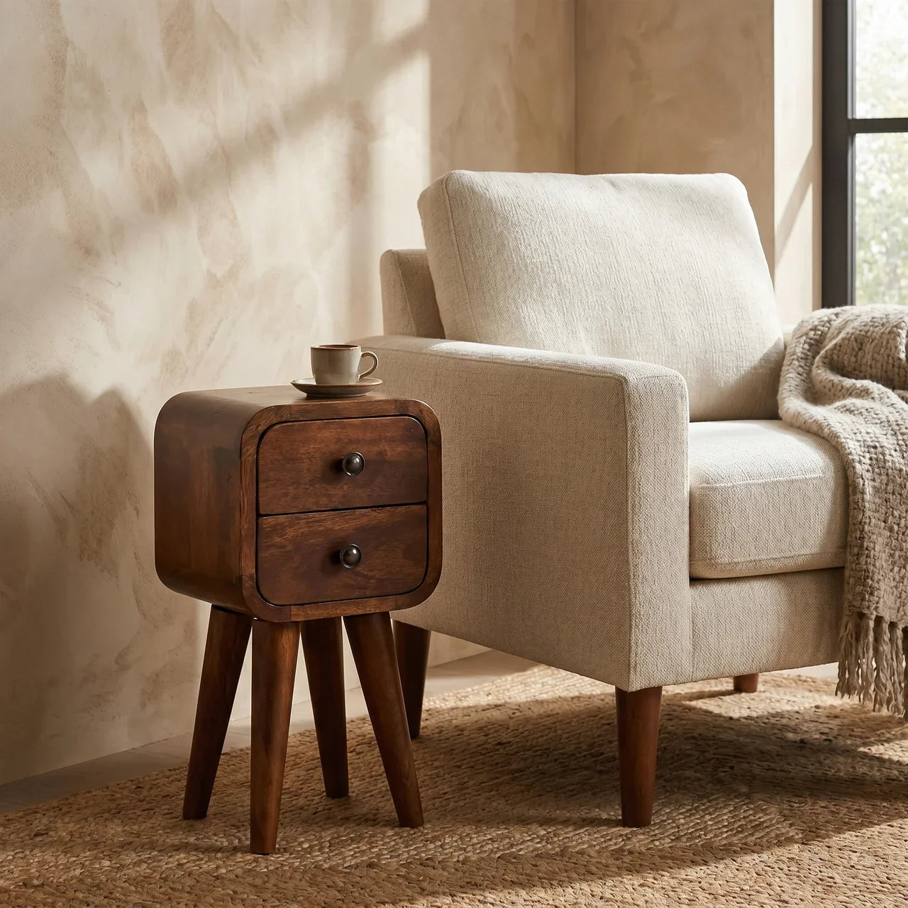 Extra Mini Curved Chestnut Mango Wood Bedside Table