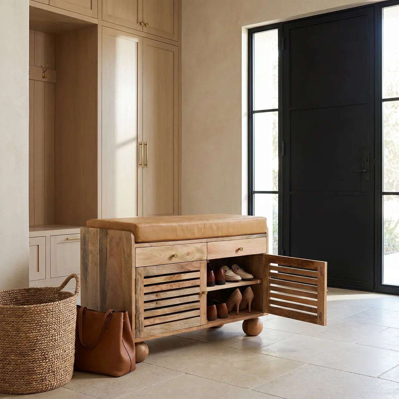 Shutter Oak-ish Shoe Rack with 2 drawers