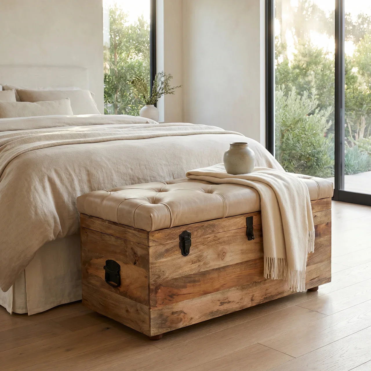 Beige Buffalo Leather Storage Trunk in Solid Mango Wood